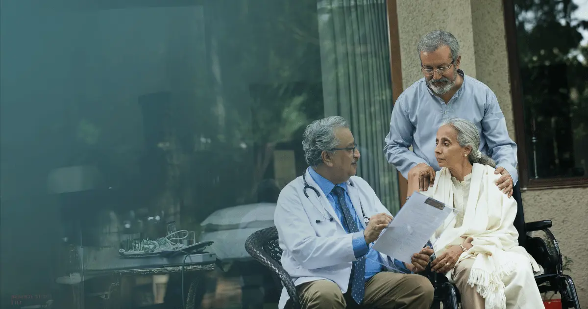 Elderly parent receiving care with family connected remotely