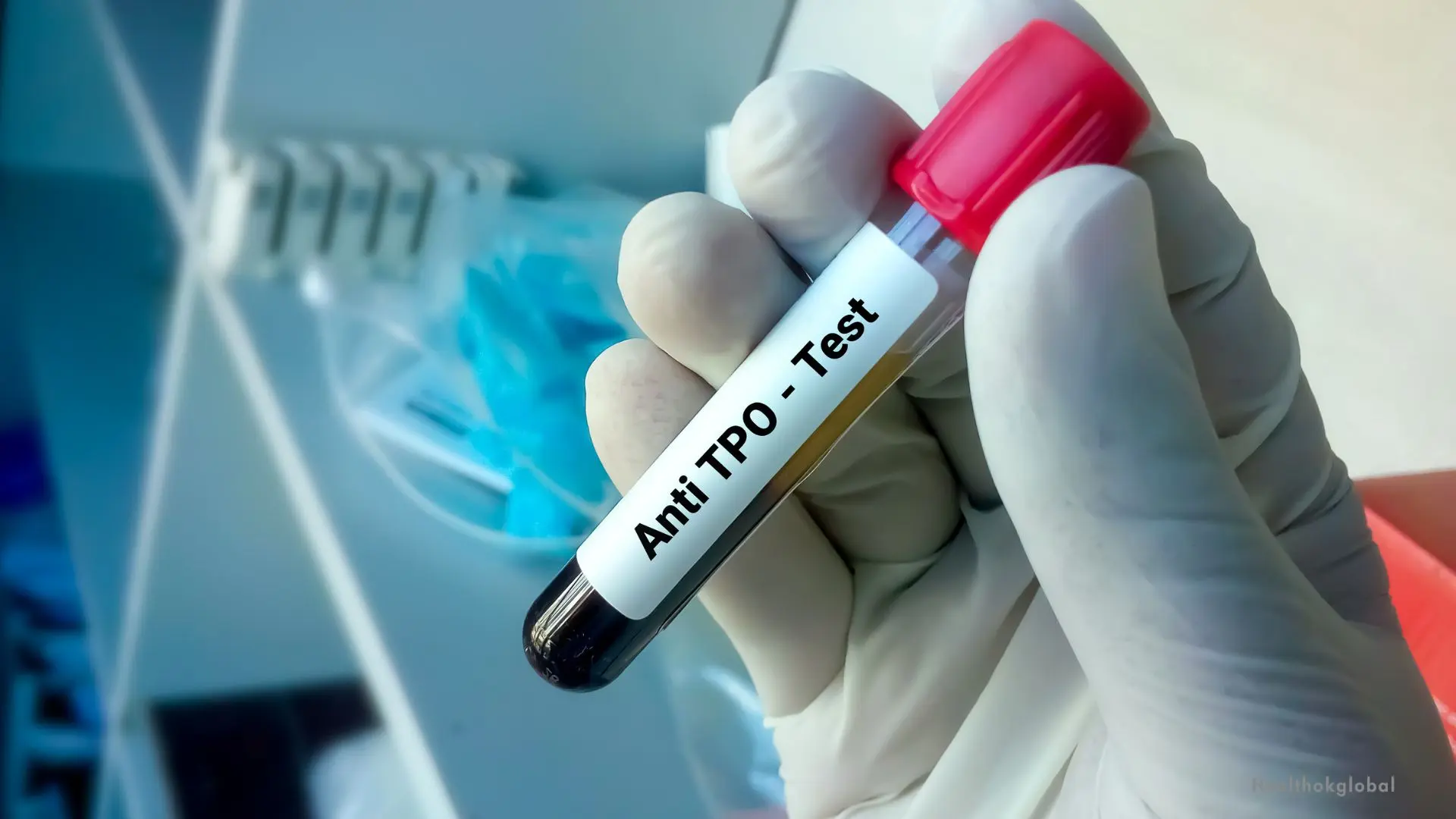 Anti-TPO test blood sample tube held by a gloved hand in a laboratory, representing thyroid health diagnostics and autoimmune disease testing.