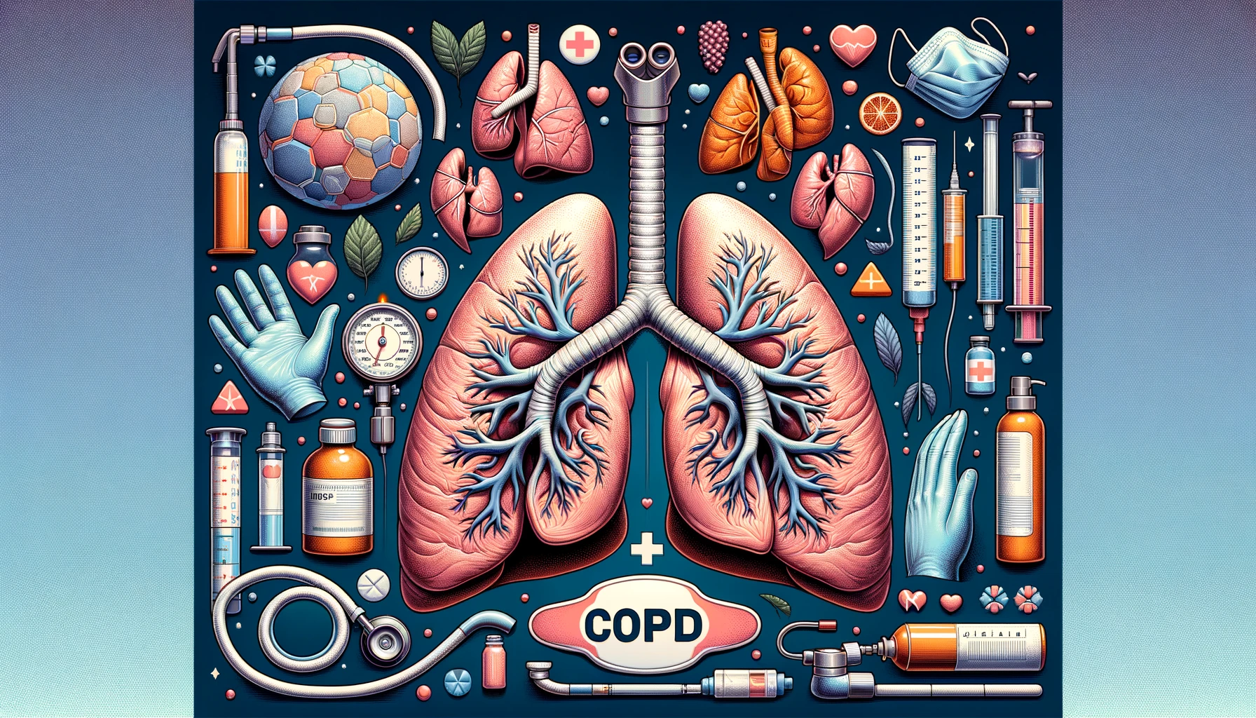 Illustration of COPD management tools and treatments, including lungs, inhalers, nebulizers, oxygen therapy, and healthcare accessories for Chronic Obstructive Pulmonary Disease care.