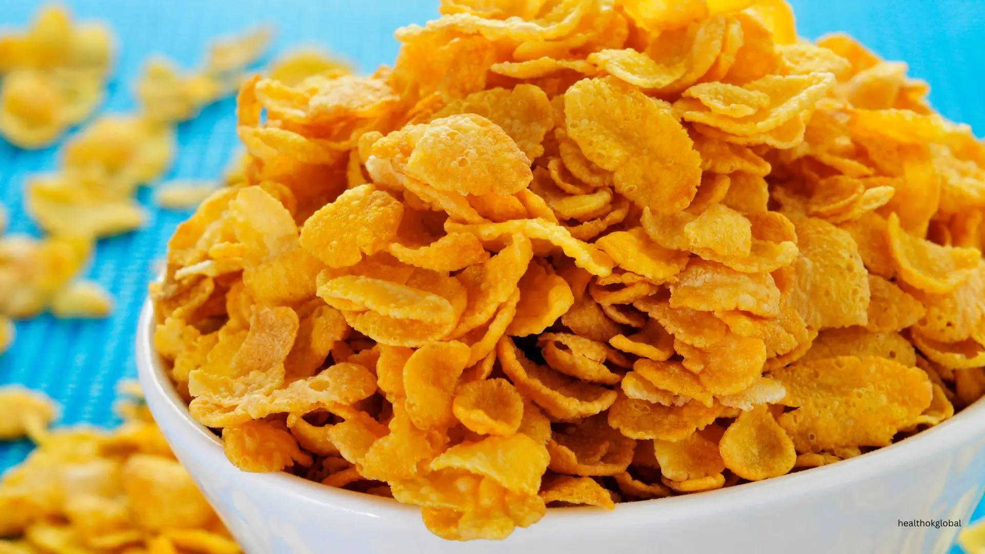 Close-up of crispy golden corn flakes in a bowl, highlighting their nutritional value as a healthy breakfast option.