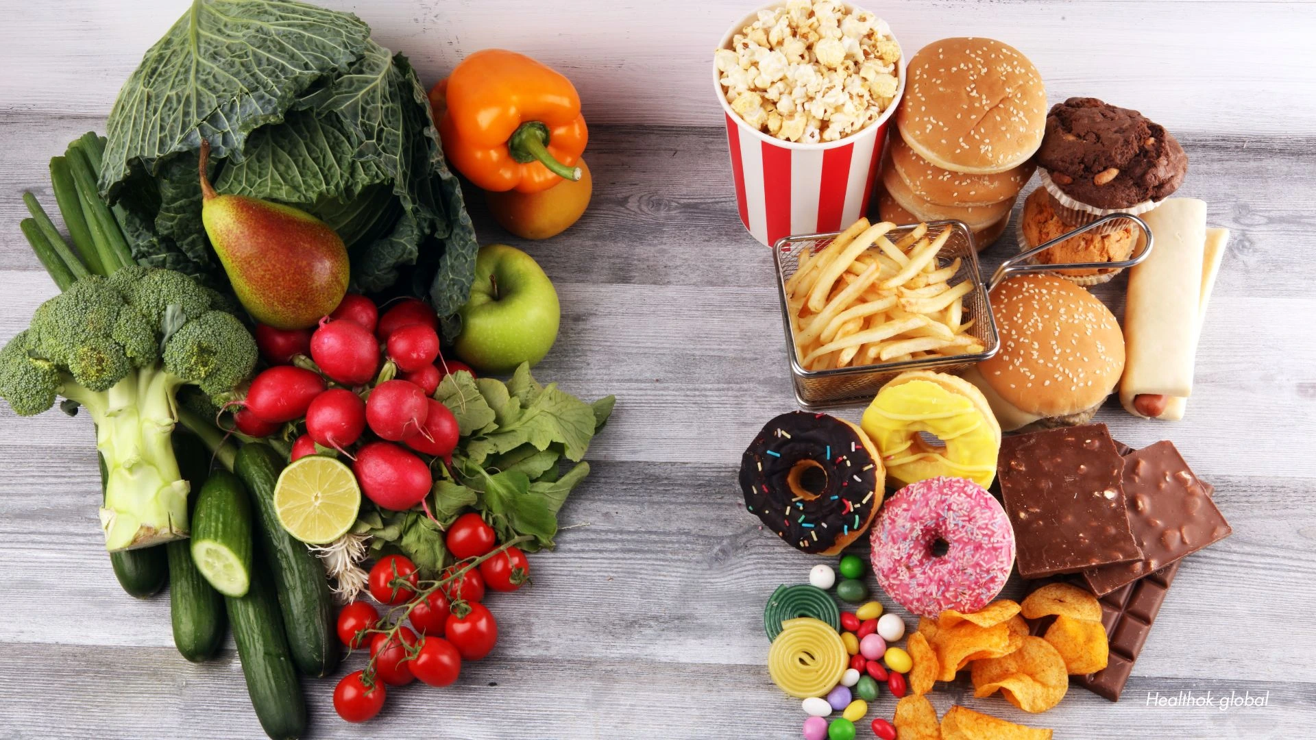 Comparison of healthy fresh vegetables and fruits on one side and fast food items like burgers, fries, donuts, and chocolates on the other, highlighting the contrast between nutritious and unhealthy food choices.