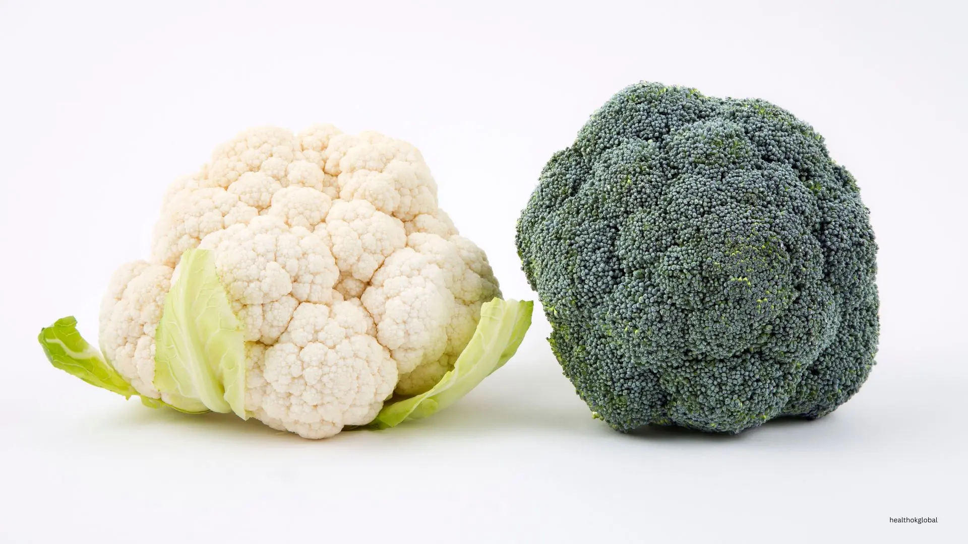 Comparison of white cauliflower and green broccoli showcasing their unique textures, colors, and nutritional benefits. Highlighting the vibrant green florets of broccoli and the creamy white florets of cauliflower against a white background.